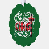 Buffalo Plaid Christian Christmas Design with Snow オーナメントカード (左)