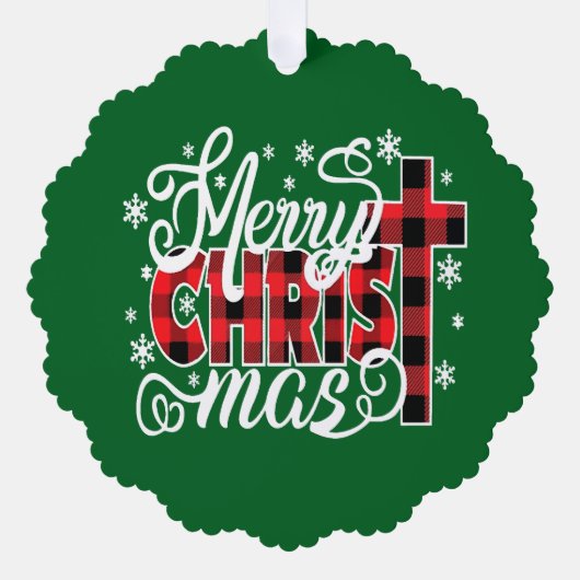 Buffalo Plaid Christian Christmas Design with Snow オーナメントカード (正面)