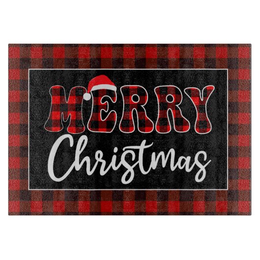 Buffalo Plaid Christmas Greeting with Santa Hat カッティングボード (正面)
