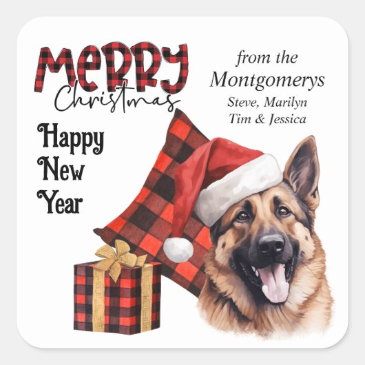 Buffalo Plaid German Shepherd Dog Christmas スクエアシール (正面)