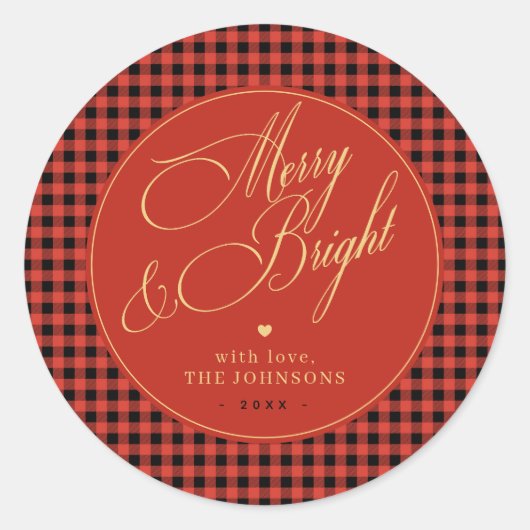 Buffalo Plaid Gingham Red Check Merry and Bright ラウンドシール (正面)