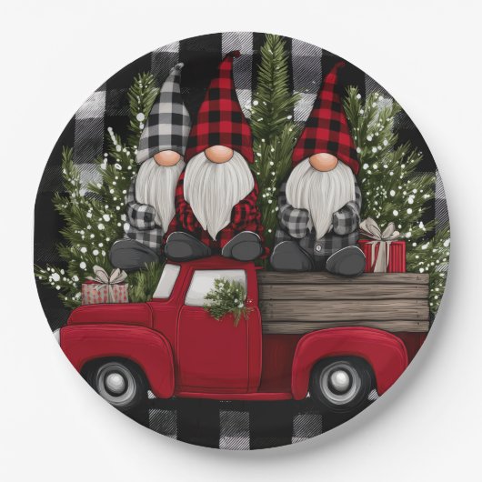 Buffalo Plaid Gnomes Holiday Truck Paper Plates ペーパープレート (正面)