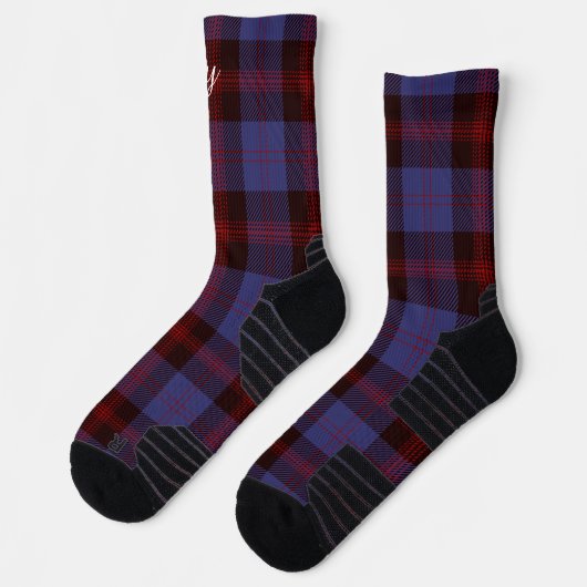 Buffalo plaid navy blue red monogram name ソックス (左)
