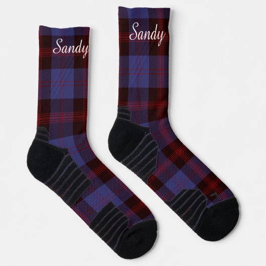 Buffalo plaid navy blue red monogram name ソックス (右)