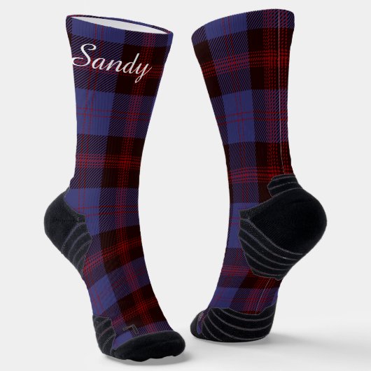 Buffalo plaid navy blue red monogram name ソックス (傾斜あり)