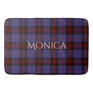 Buffalo plaid navy blue red monogram name バスマット