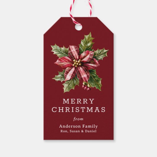 Buffalo Plaid Poinsettia Floral Custom Christmas ギフトタグ (正面)