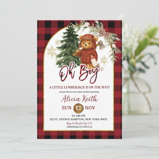 Buffalo plaid Red Winter Lumberjack Bear Shower 招待状 (スタンド正面)