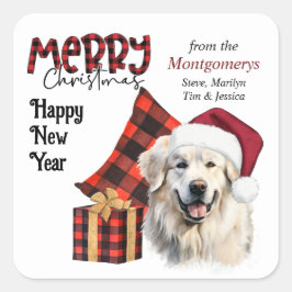 Buffalo Plaid Santa Hat Great Pyrenees Dog スクエアシール