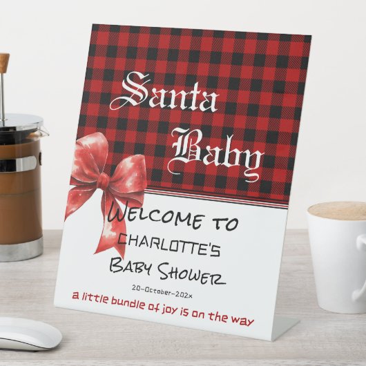 Buffalo Plaid Watercolor Bow Baby Shower Welcome 台座サイン (インサイチュ)