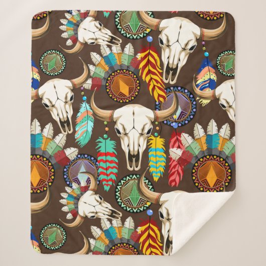 Buffalo Skull Native American Emblem シェルパブランケット (正面)