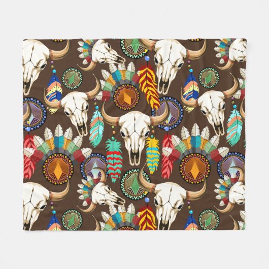 Buffalo Skull Native American Emblem フリースブランケット (正面(横))