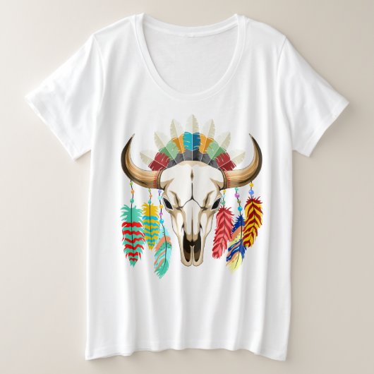 Buffalo Skull Native American Emblem プラスサイズTシャツ (デザイン正面)