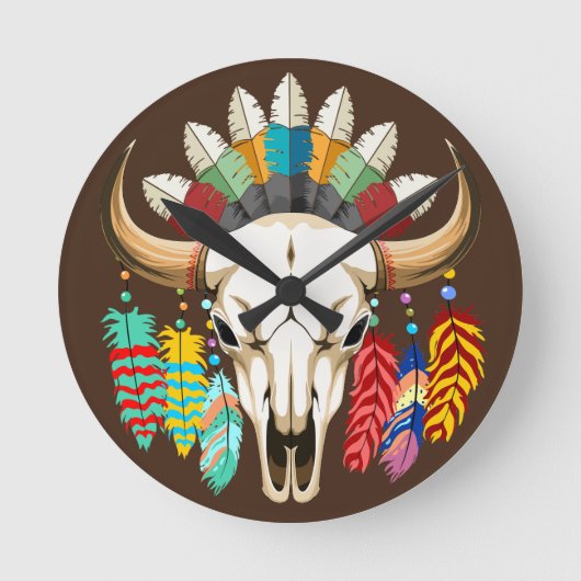 Buffalo Skull Native American Emblem ラウンド壁時計 (正面)