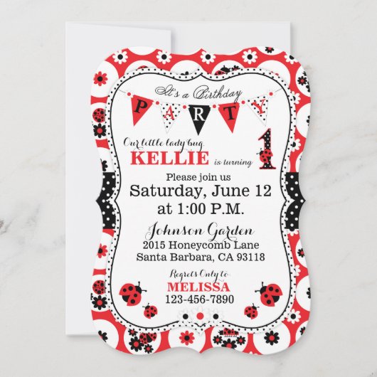 Bug女性および水玉模様の誕生日の招待 招待状 (正面)