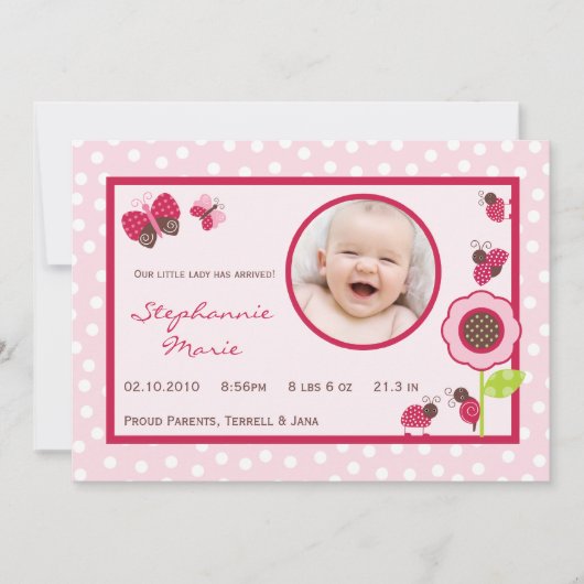 Bug Photo Birth Announcement 5x7果実の庭の女性 案内状 (正面)