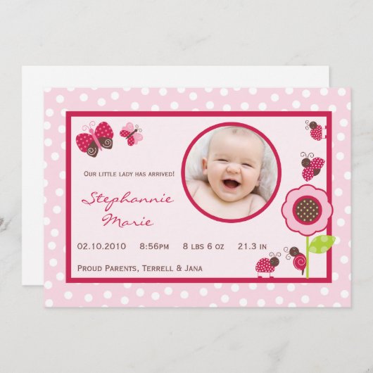 Bug Photo Birth Announcement 5x7果実の庭の女性 案内状 (正面/裏面)