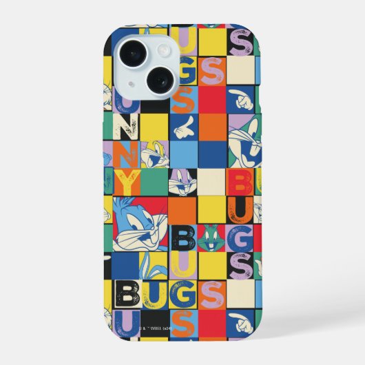 BUGS BUNNY™ カラフルな名前と顔のチェッカーパターン iPhone 15ケース (裏面)