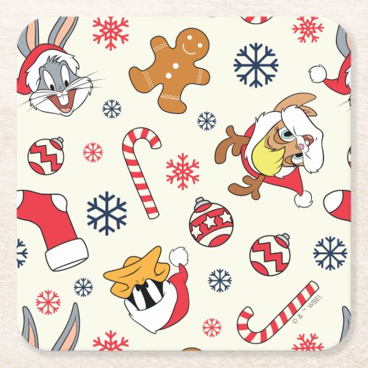 BUGS BUNNY™、DAFFY DUCK™ & ローラ・クリスマスパターン スクエアペーパーコースター (正面)