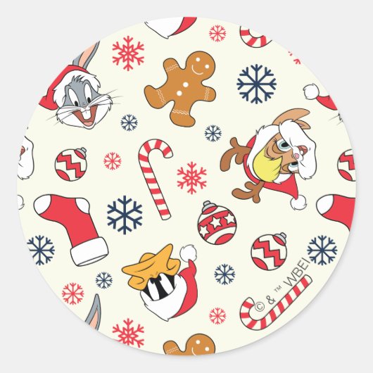 BUGS BUNNY™, DAFFY DUCK™ & Lola Christmas Pattern ラウンドシール (正面)