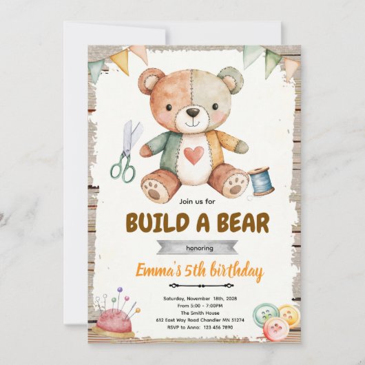 Build-A-Stuffy Birthday party Invitation 招待状 (正面)