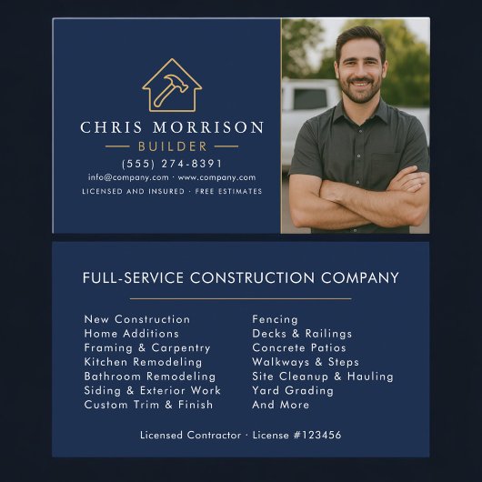 Builder Navy Blue Gold Photo Construction  名刺
