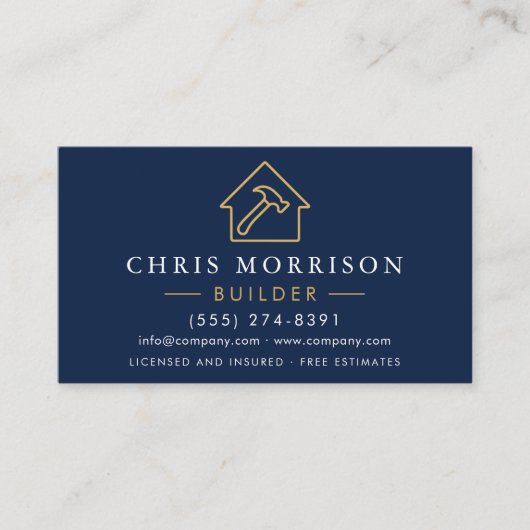 Builder Navy Blue Gold QR Code Construction  名刺 (正面)