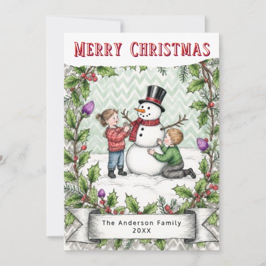 Building a Snowman | Retro Personalized Christmas シーズンカード (正面)