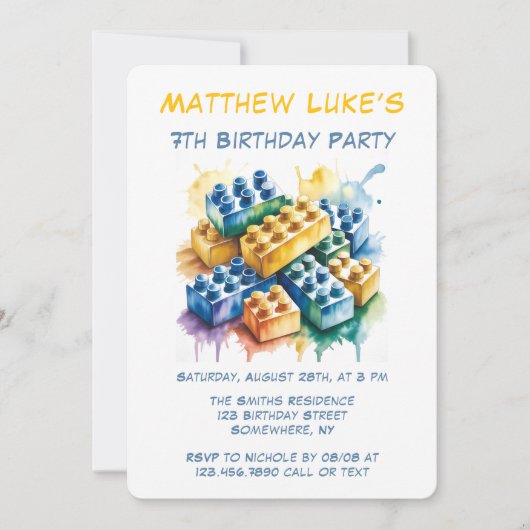 Building Block Splash Boy Birthday Party 招待状 (正面)