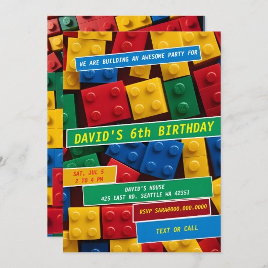 Building Blocks Building Bricks Blocks Birthday 招待状 (正面/裏面)