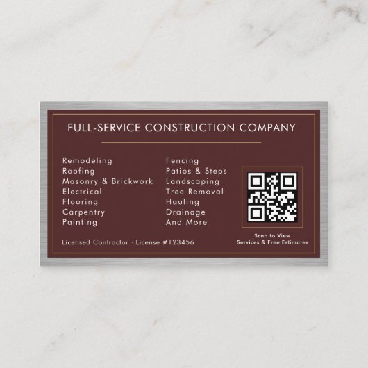 Building Construction Burgundy Faux Metal QR Code 名刺 (裏面)
