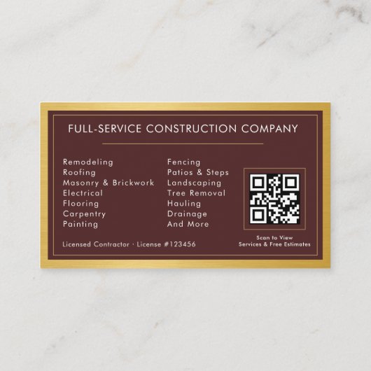Building Construction Burgundy Gold Metal QR Code 名刺 (裏面)