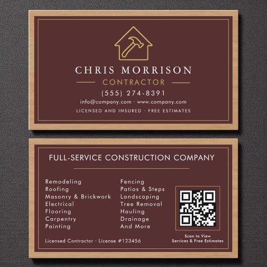 Building Construction Burgundy Gold Wood QR Code 名刺