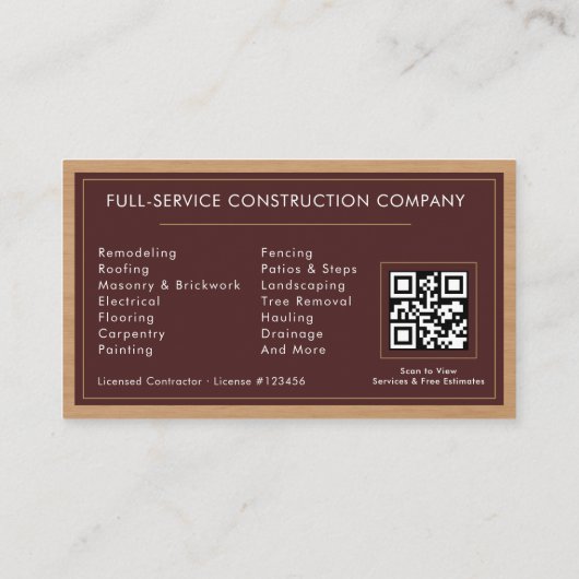Building Construction Burgundy Gold Wood QR Code 名刺 (裏面)