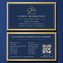 Building Construction Navy Blue Gold Metal QR Code 名刺