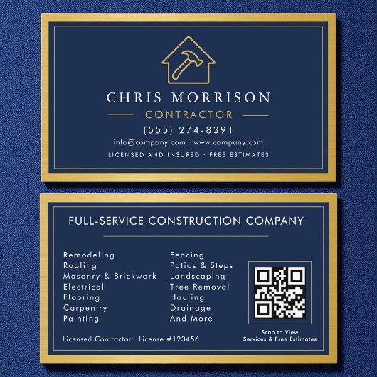 Building Construction Navy Blue Gold Metal QR Code 名刺