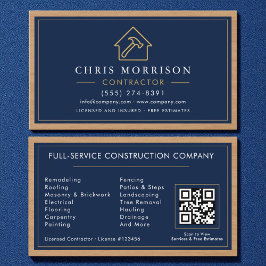 Building Construction Navy Blue Gold Wood QR Code 名刺