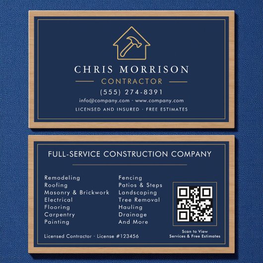 Building Construction Navy Blue Gold Wood QR Code 名刺