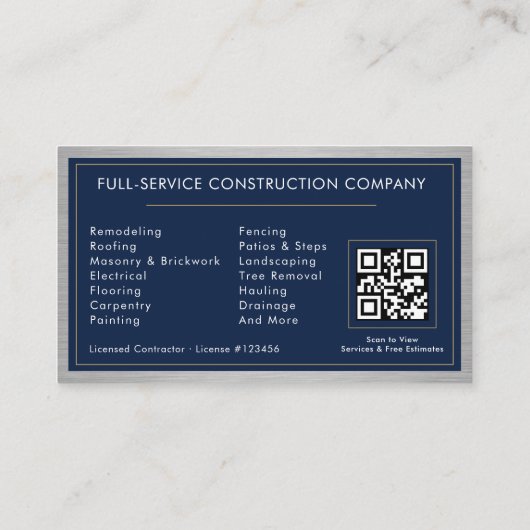 Building Construction Navy Blue Metal QR Code 名刺 (裏面)