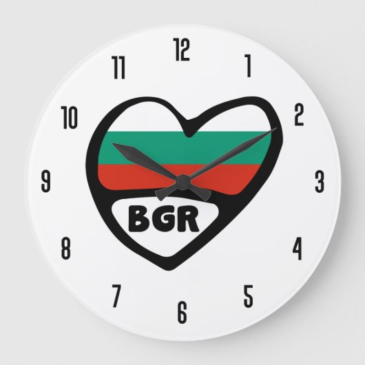 Bulgaria Country Code BGR Flag Heart ラージ壁時計 (正面)