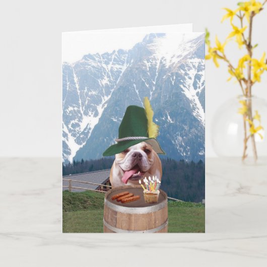 Bullおもしろいな犬のドイツのバースデー・カード カード (黄色い花)