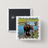 Bullのアメリカヘラジカの正方形Pin 缶バッジ (正面&裏面)