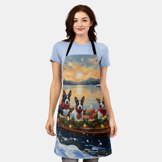 Bull Terrier Christmas Boat Holiday エプロン (着用した状態)