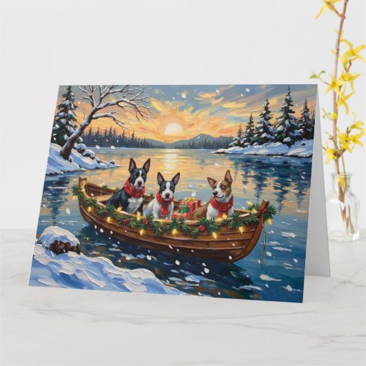 Bull Terrier Christmas Boat Holiday カード (黄色い花)