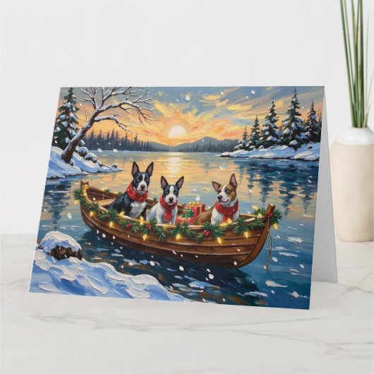 Bull Terrier Christmas Boat Holiday カード (正面)