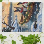 Bull Terrier Christmas Boat Holiday キッチンタオル (折り畳み)