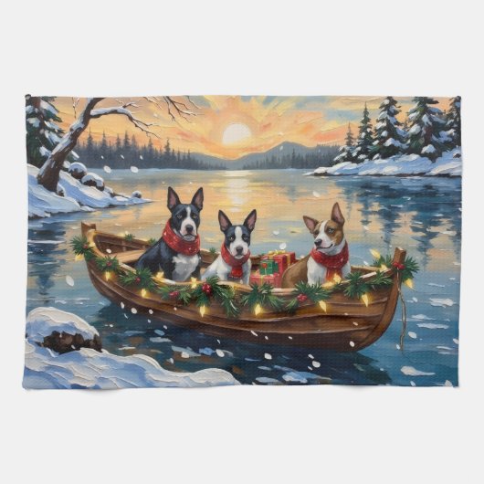Bull Terrier Christmas Boat Holiday キッチンタオル (横)