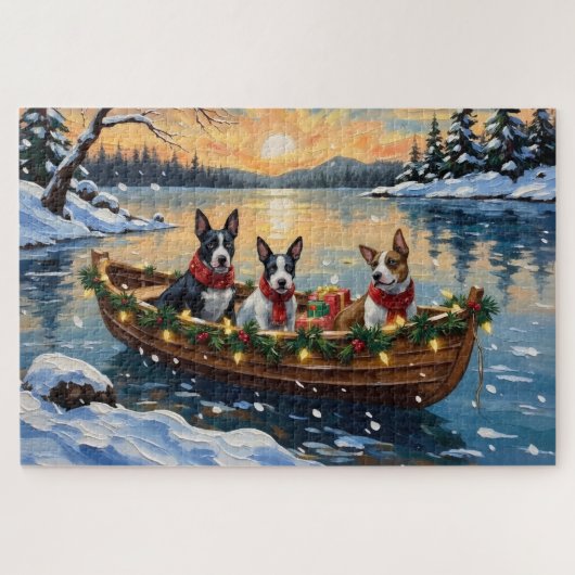 Bull Terrier Christmas Boat Holiday ジグソーパズル (横)
