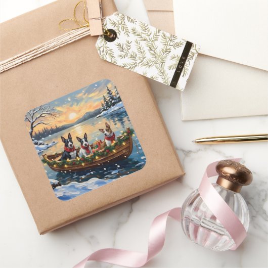 Bull Terrier Christmas Boat Holiday スクエアシール (ギフト)