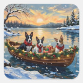 Bull Terrier Christmas Boat Holiday スクエアシール (正面)